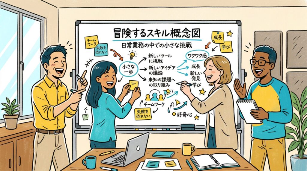 伴走者と共に地図を広げ、未知なる学びの領域へとワクワクしながら踏み出すビジネスパーソンのイメージ図